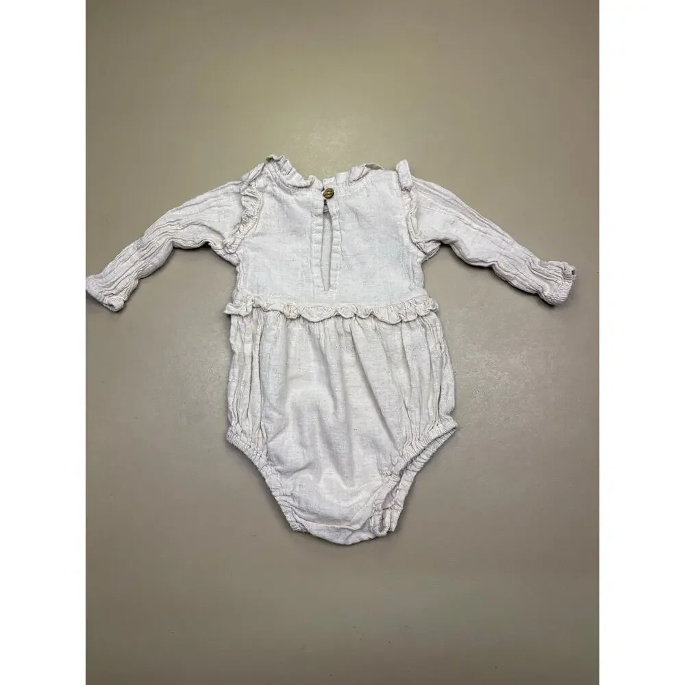 Baby Girl White Linen Romper 6-9 Months Ruffle Long Sleeve Bubble Bodysuit EUC